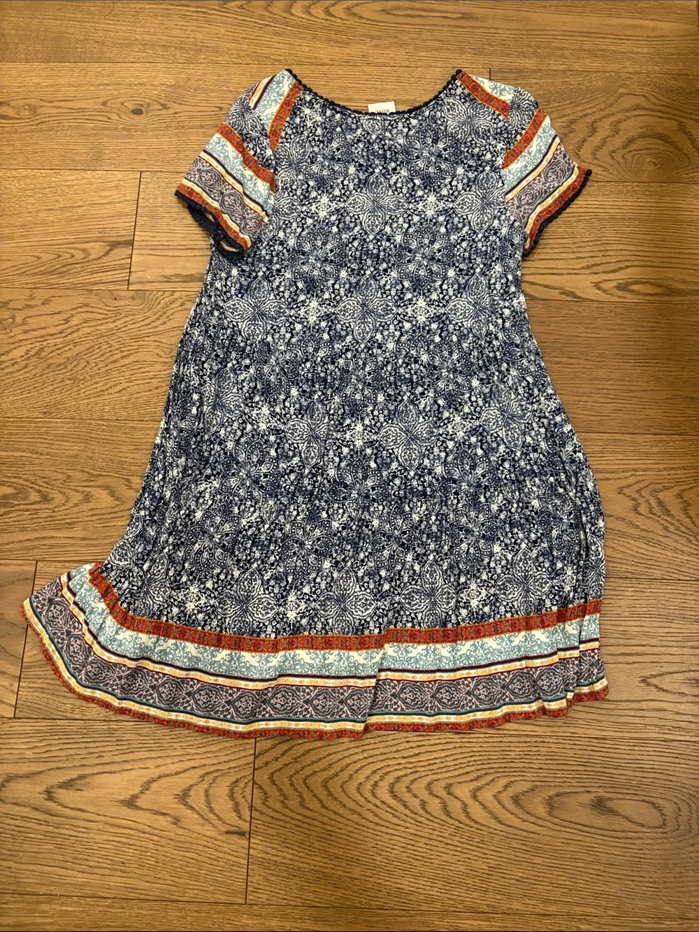 Knox Rose Navy Floral Midi Dress with Multicolor Stripe Trim - Picture 2 of 2